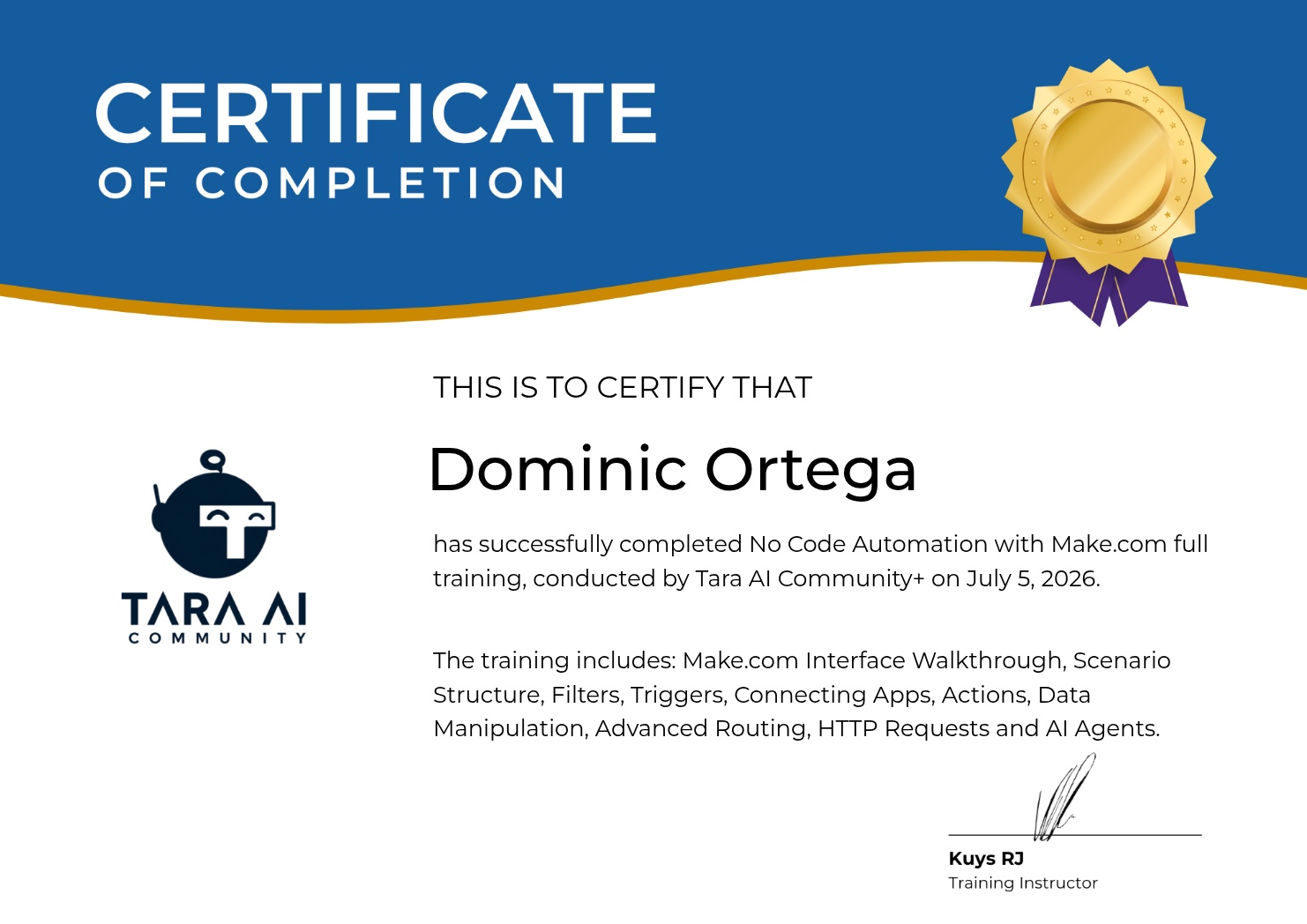 No-Code Automation with Make.com certificate preview